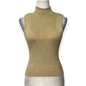 Lillie Rubin Gold Metallic Beaded Sleeveless Top M Peal Embroidered High Neck